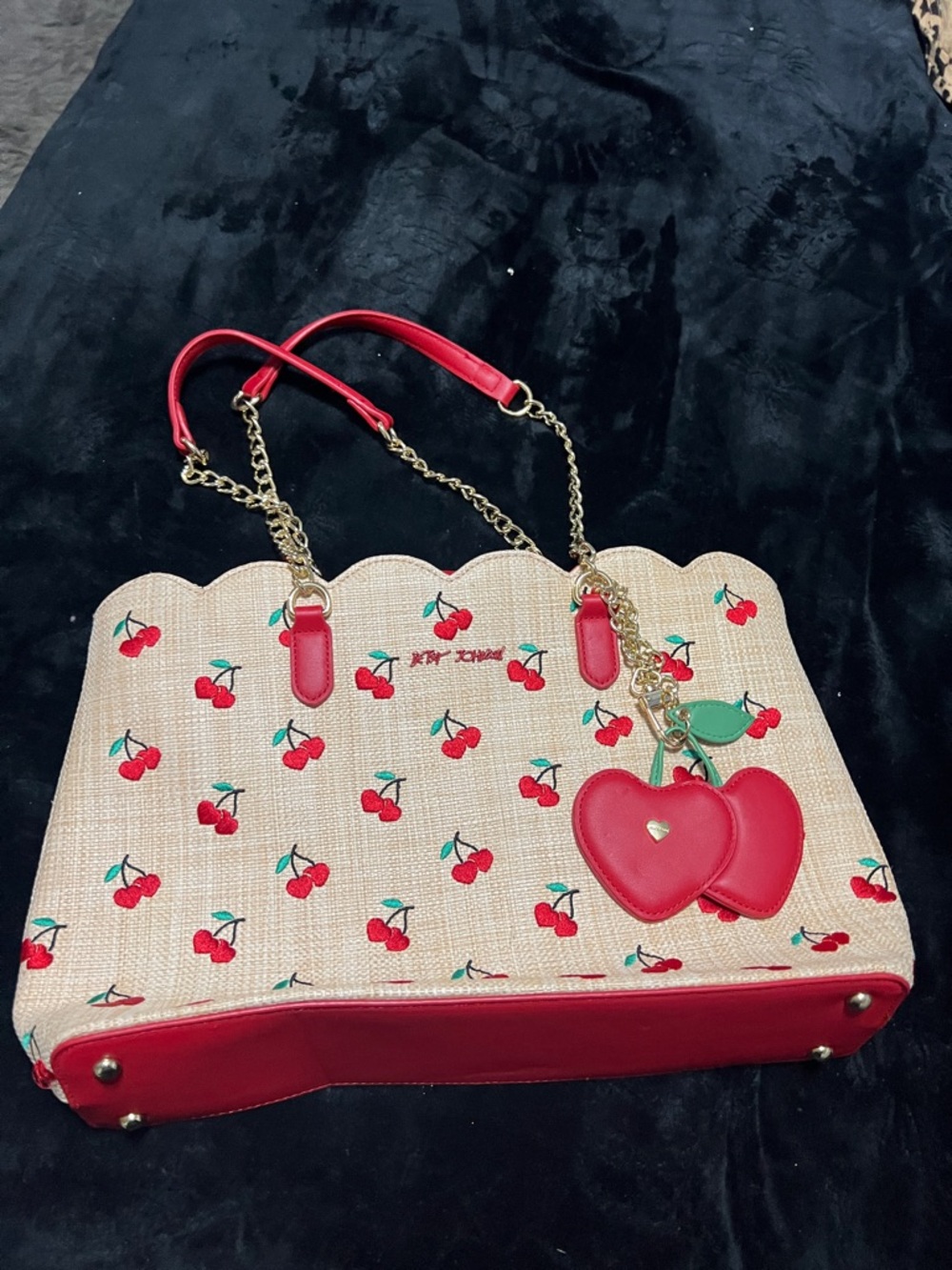Betsey Johnson Beige Cherry-Print Tote with Red Accents
